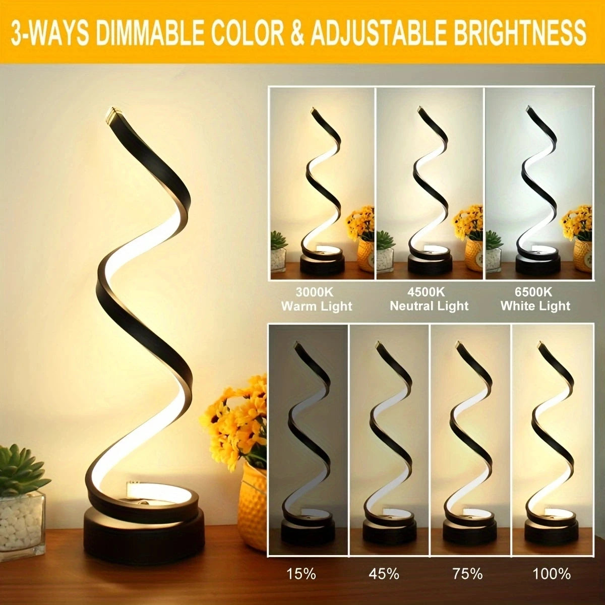 Modern Dimmable LED Spiral Table Lamp – Stylish Nightstand & Bedside Light for Living Room, Bedroom, and Office