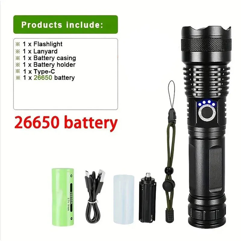 High-Power White Laser LED Flashlight: USB Rechargeable Tactical Torch