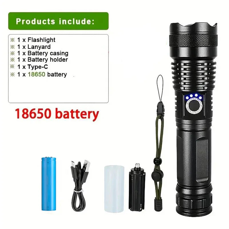 High-Power White Laser LED Flashlight: USB Rechargeable Tactical Torch